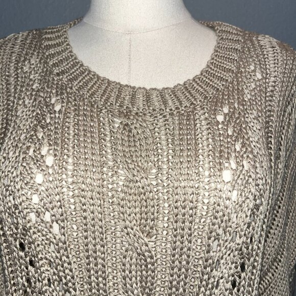 ZARA Taupe Open Cable Knit Fringe Bottom Oversized Cropped Sweater NWT - Large - Picture 2 of 14